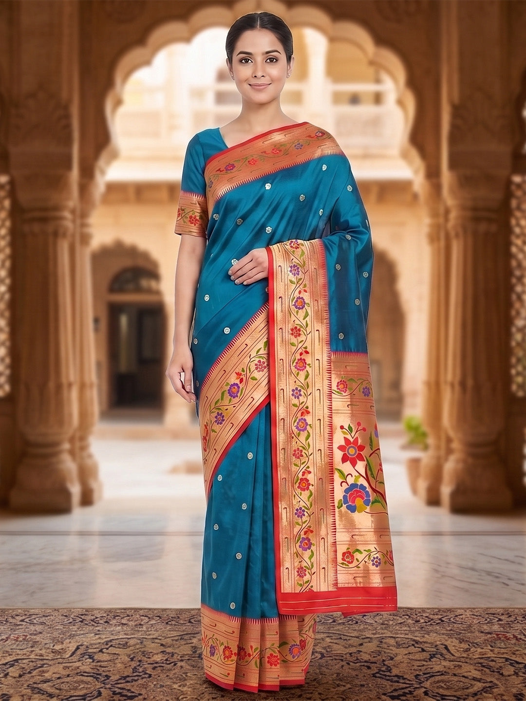 Peacock-Blue Woven Design Art Silk Saree