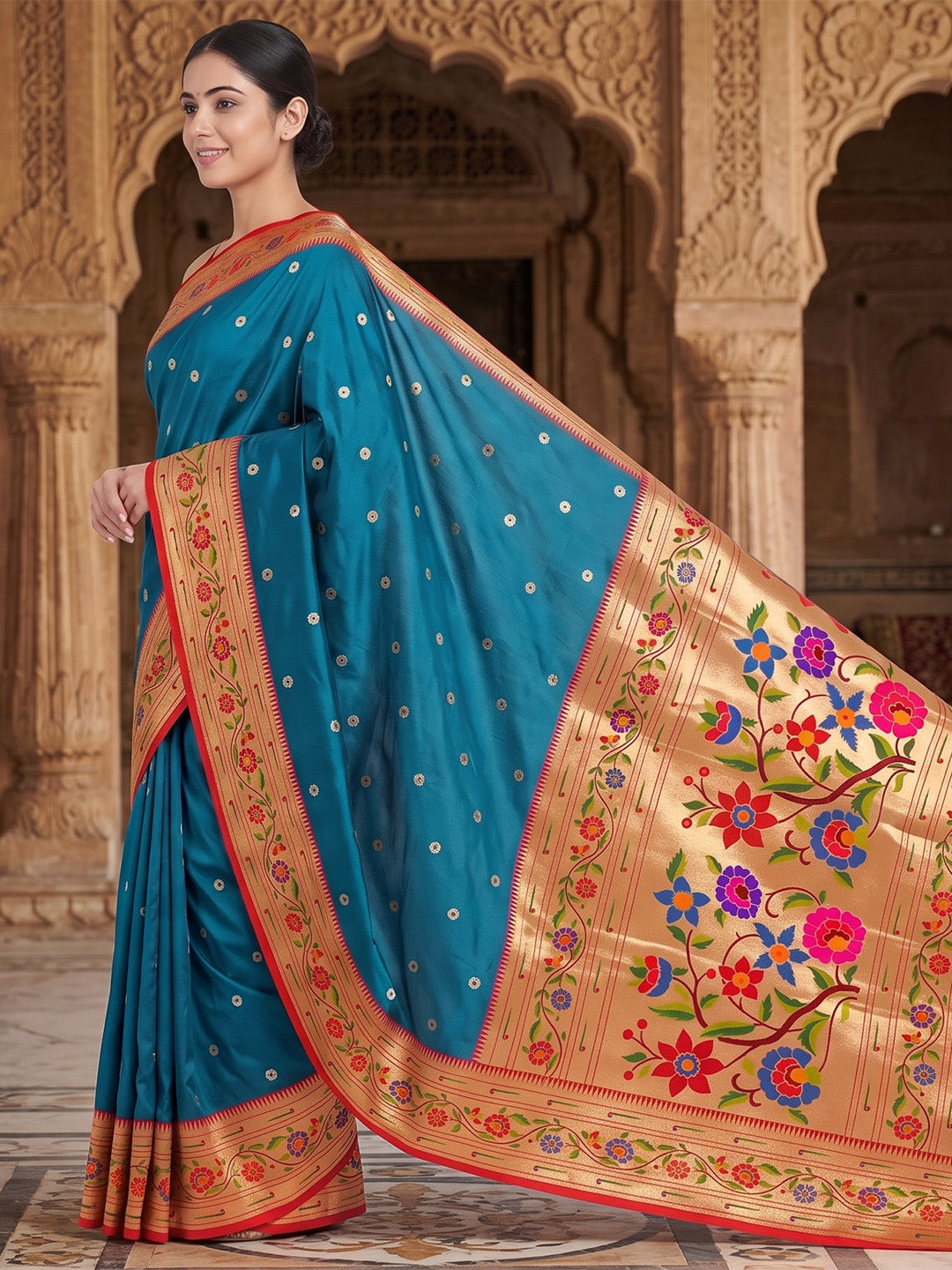 Peacock-Blue Woven Design Art Silk Saree