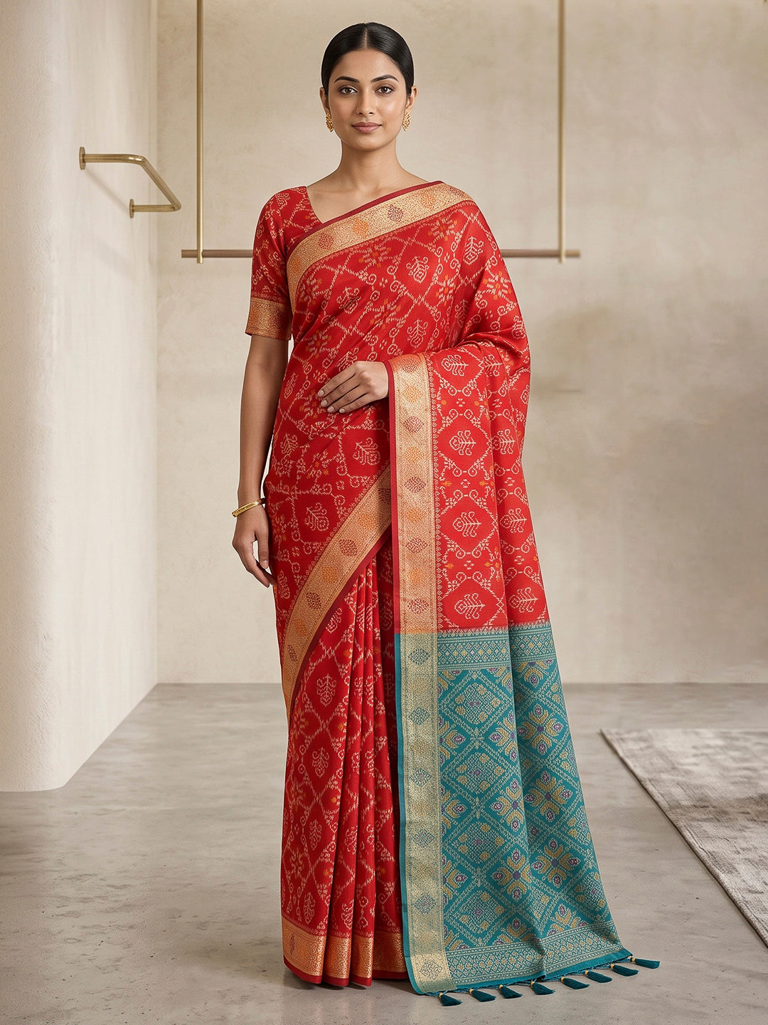 Red Cotton Blend Woven Saree