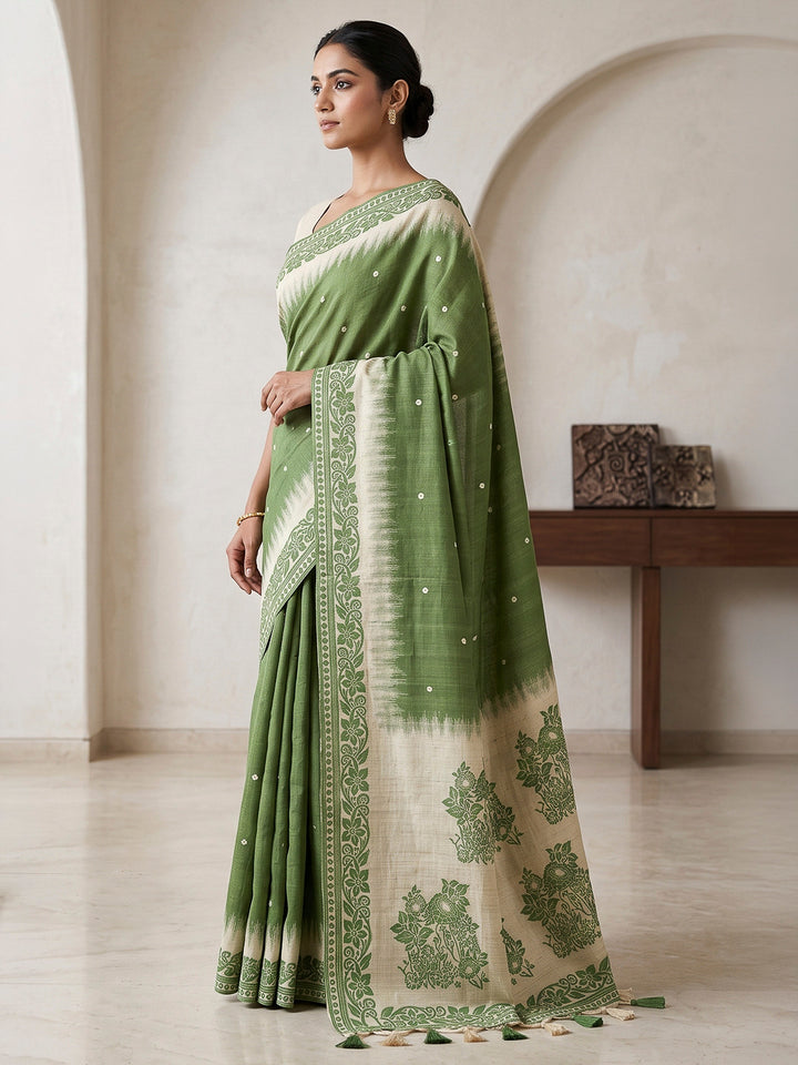 Green Cotton Blend Woven Saree