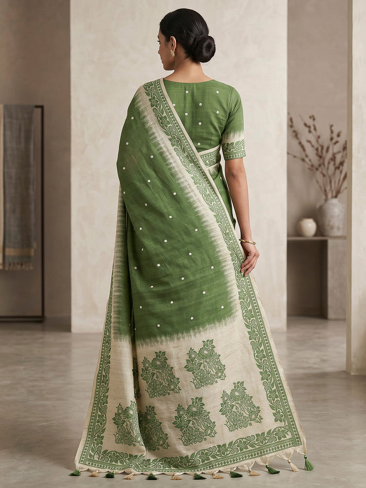 Green Cotton Blend Woven Saree