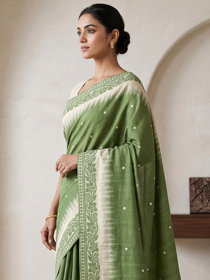 Green Cotton Blend Woven Saree
