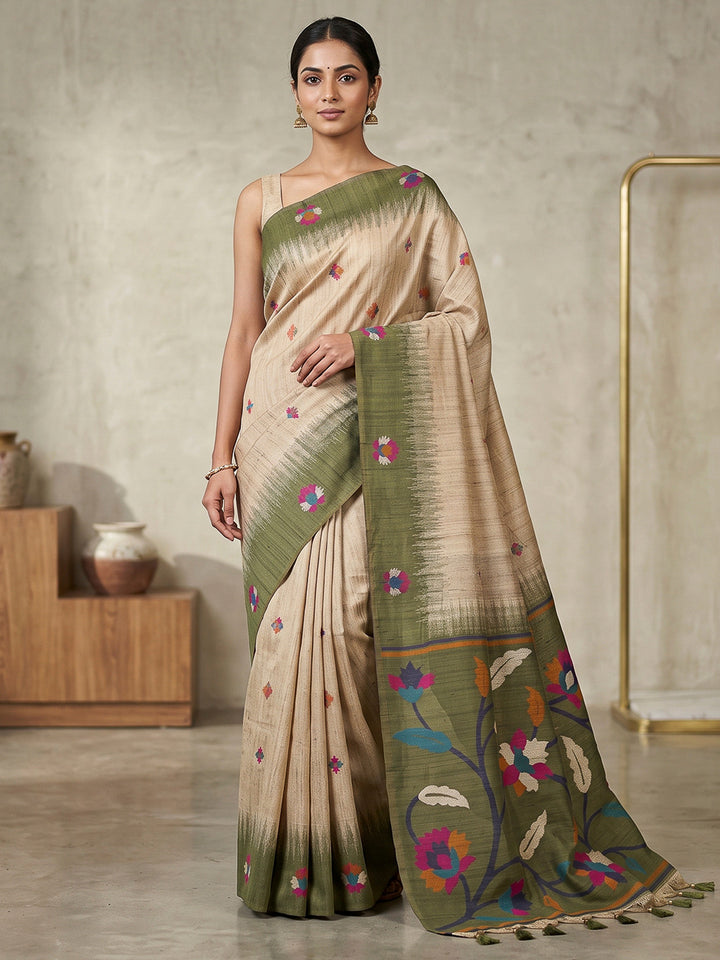Off-White-Green Cotton Blend Woven Saree