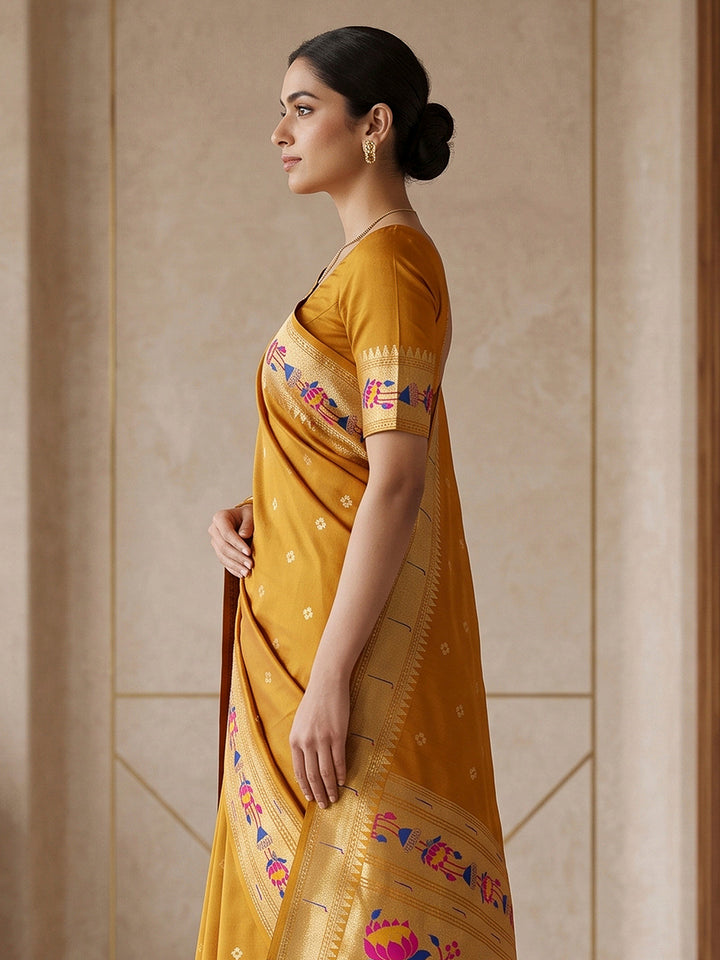 Mustard Cotton Blend Woven Saree