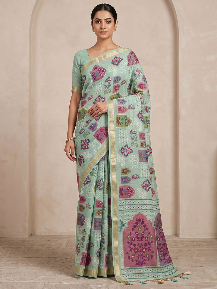 Blue Cotton Blend Woven Saree