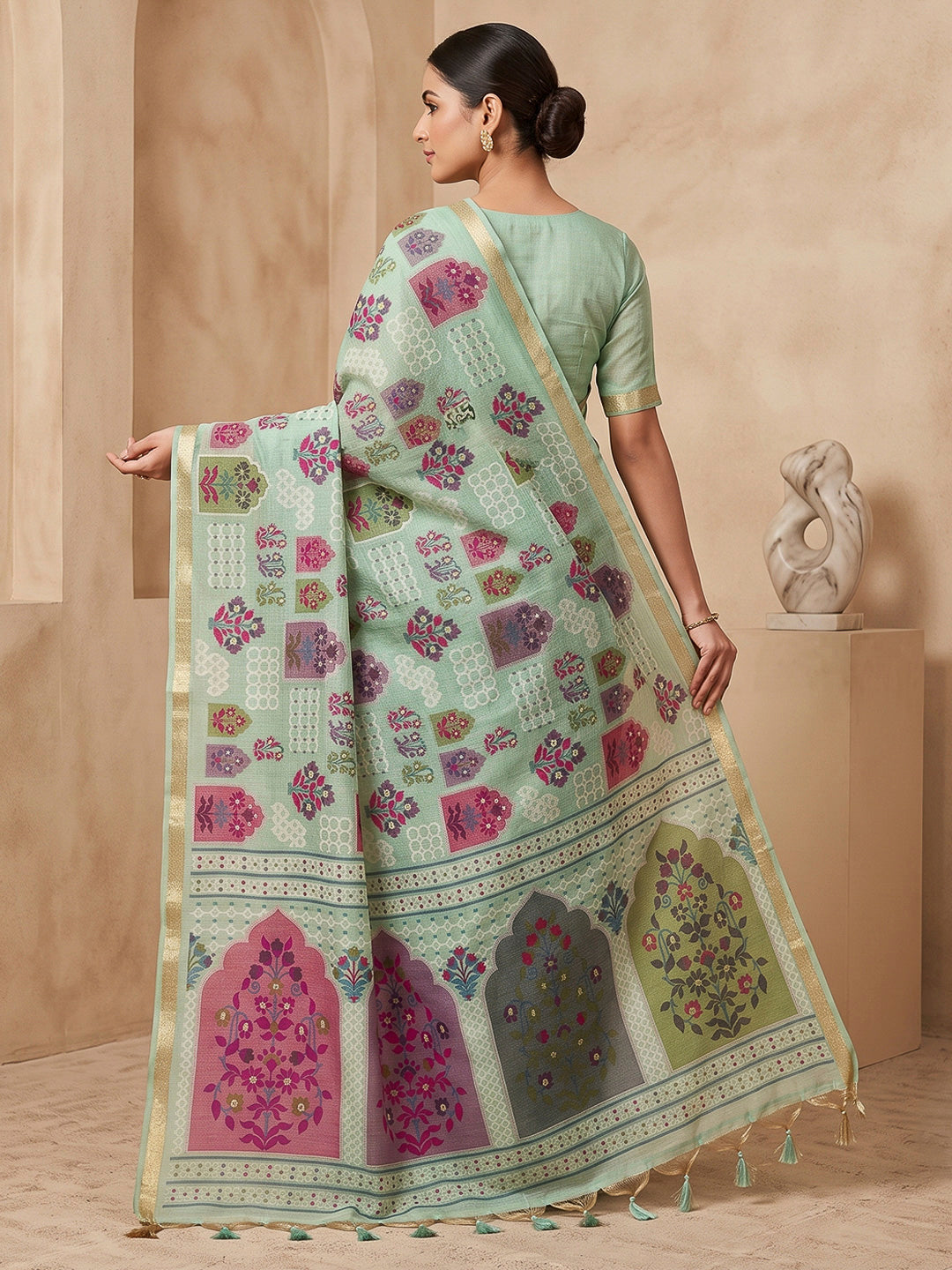 Blue Cotton Blend Woven Saree