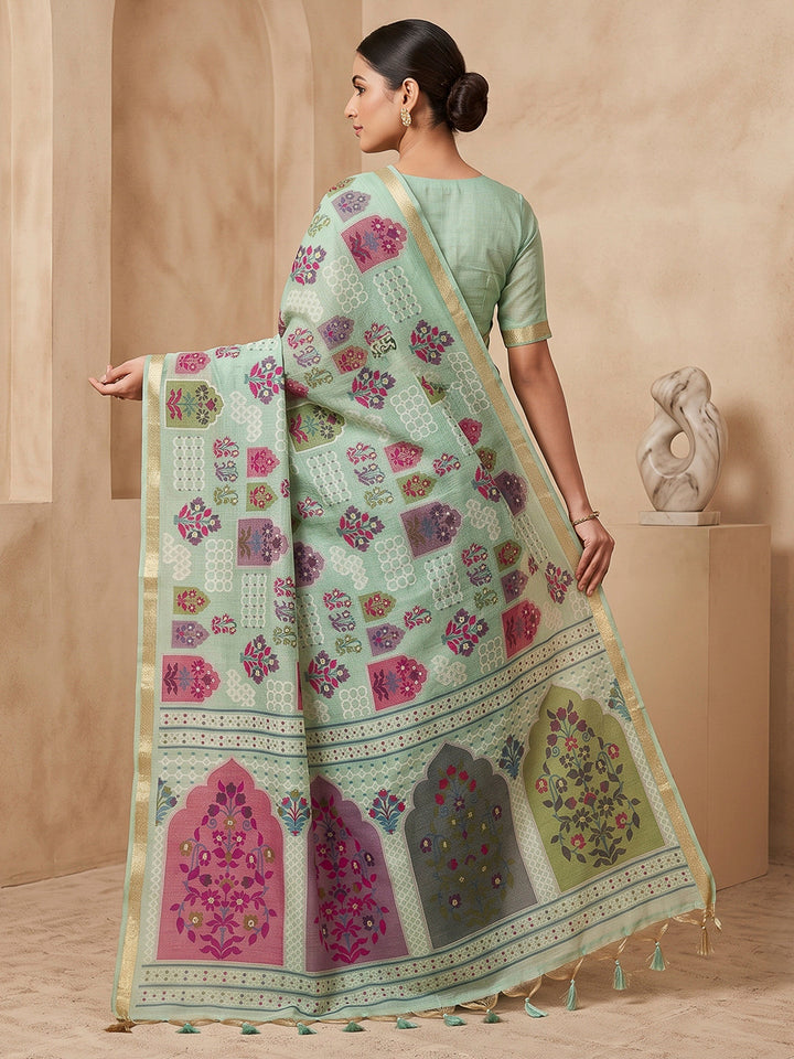 Blue Cotton Blend Woven Saree
