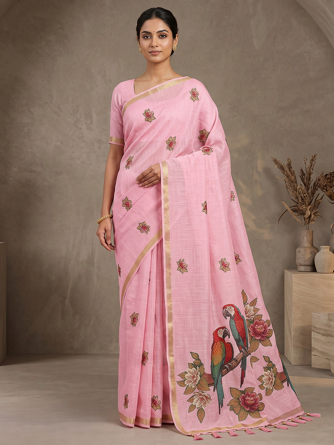 Pink Cotton Blend Woven Saree
