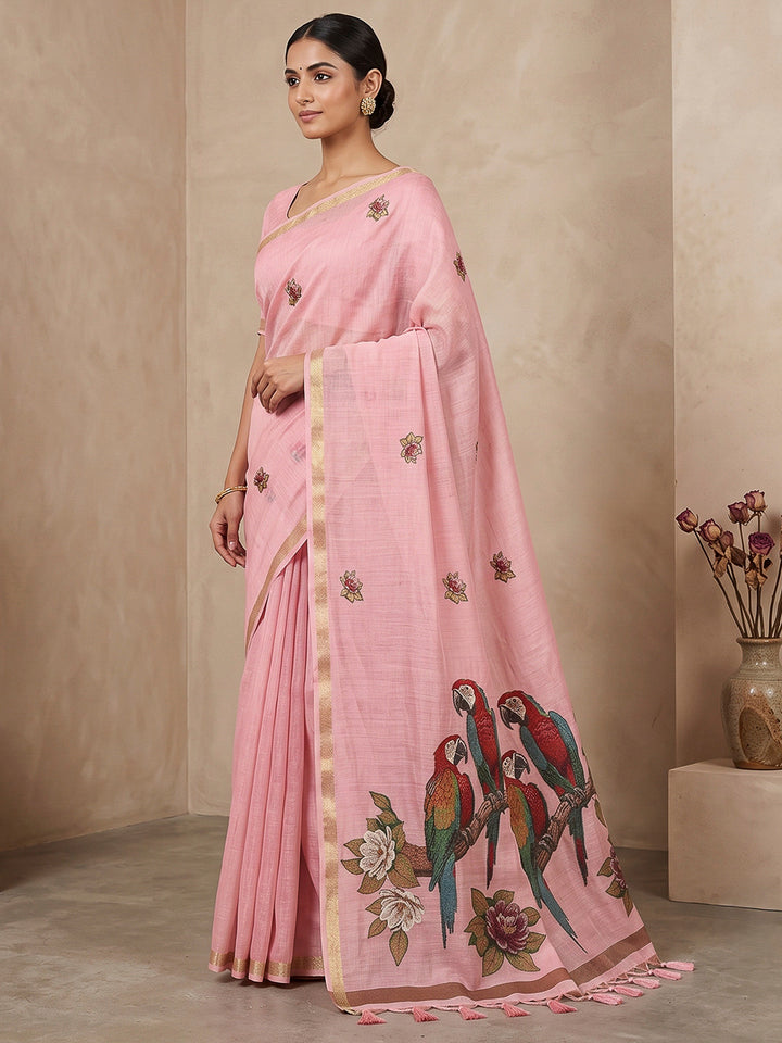 Pink Cotton Blend Woven Saree