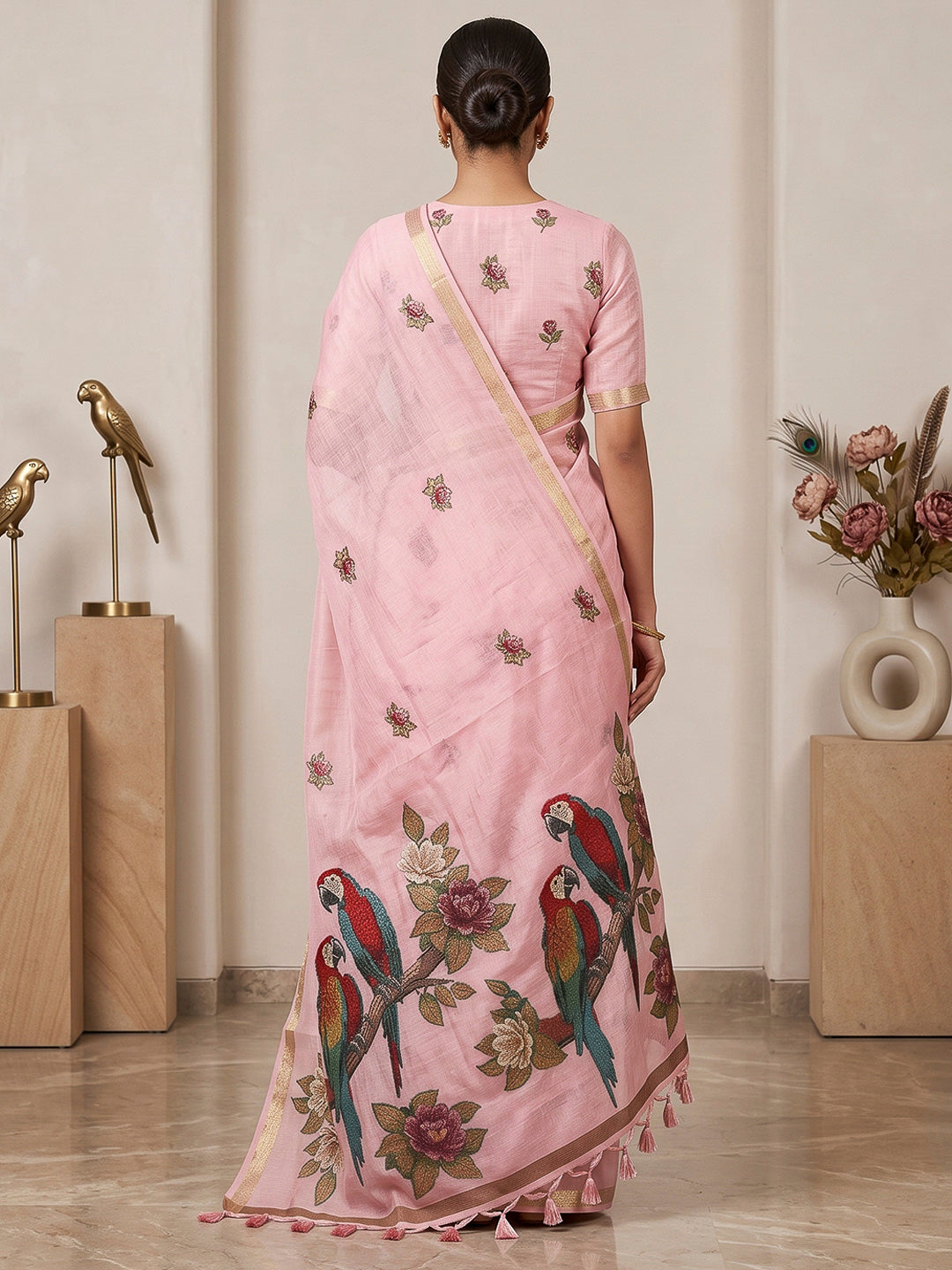 Pink Cotton Blend Woven Saree