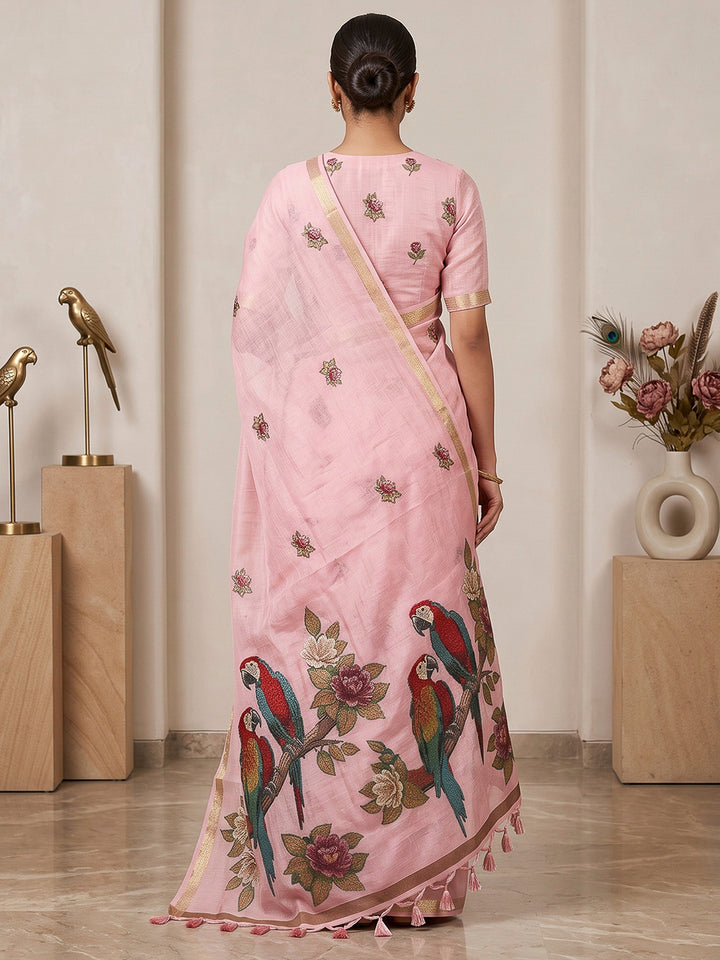 Pink Cotton Blend Woven Saree