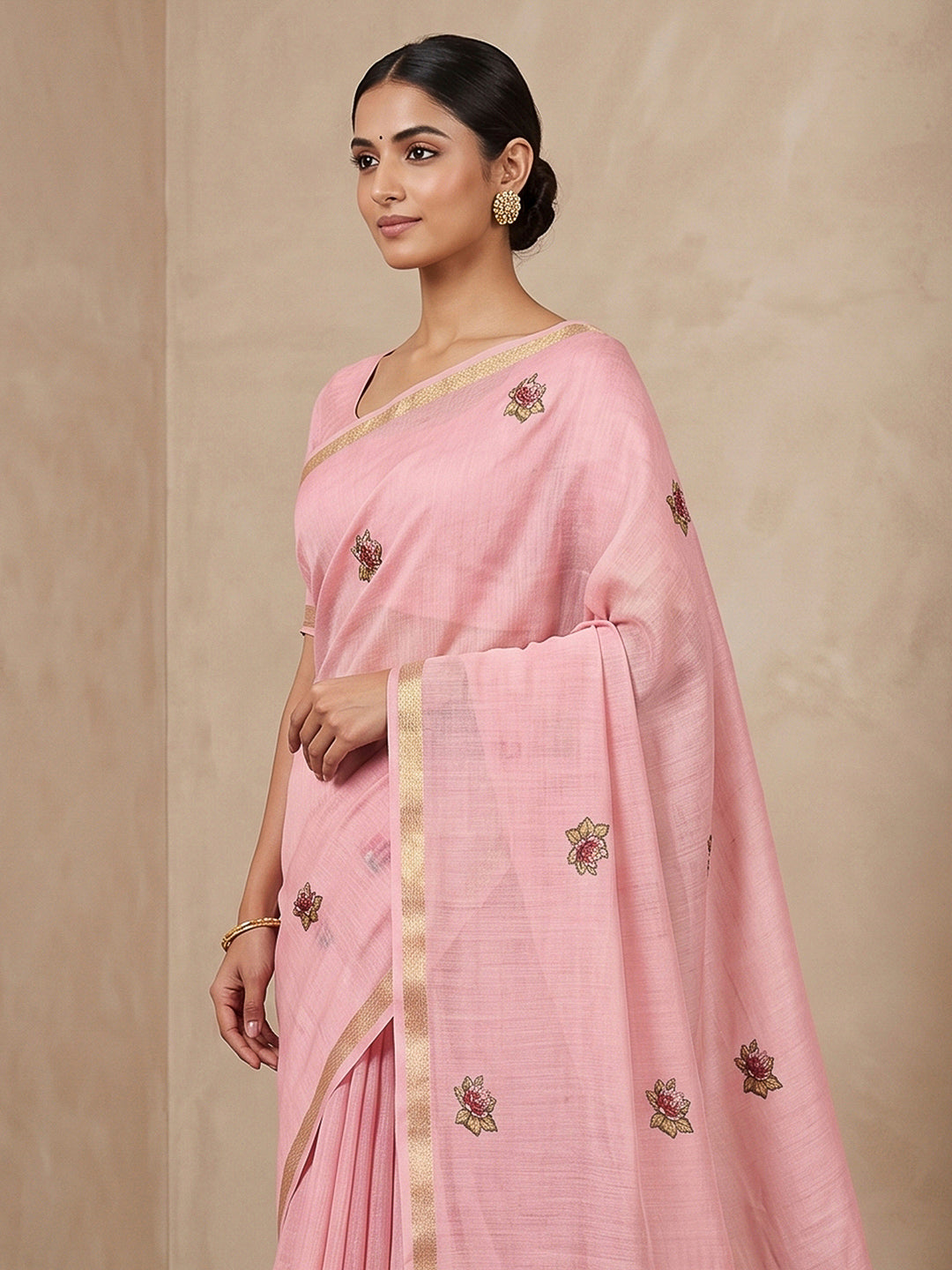 Pink Cotton Blend Woven Saree