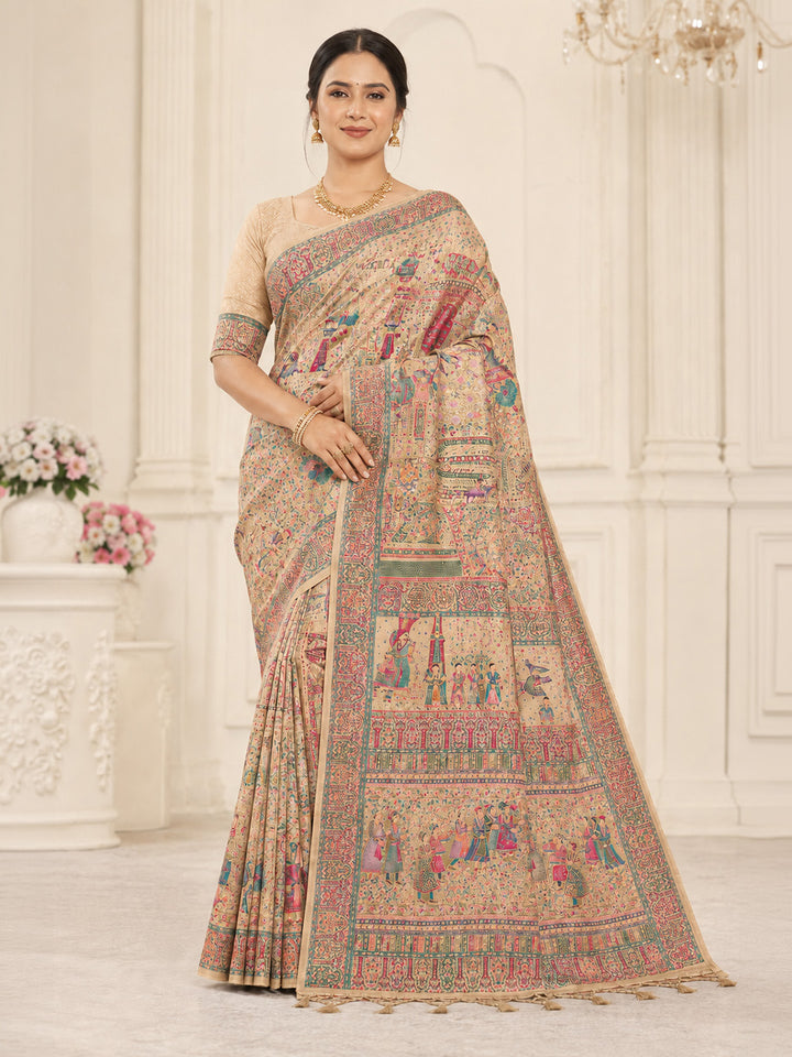 Off White Printed Art Silk Saree