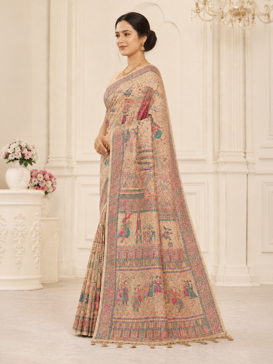 Off White Printed Art Silk Saree