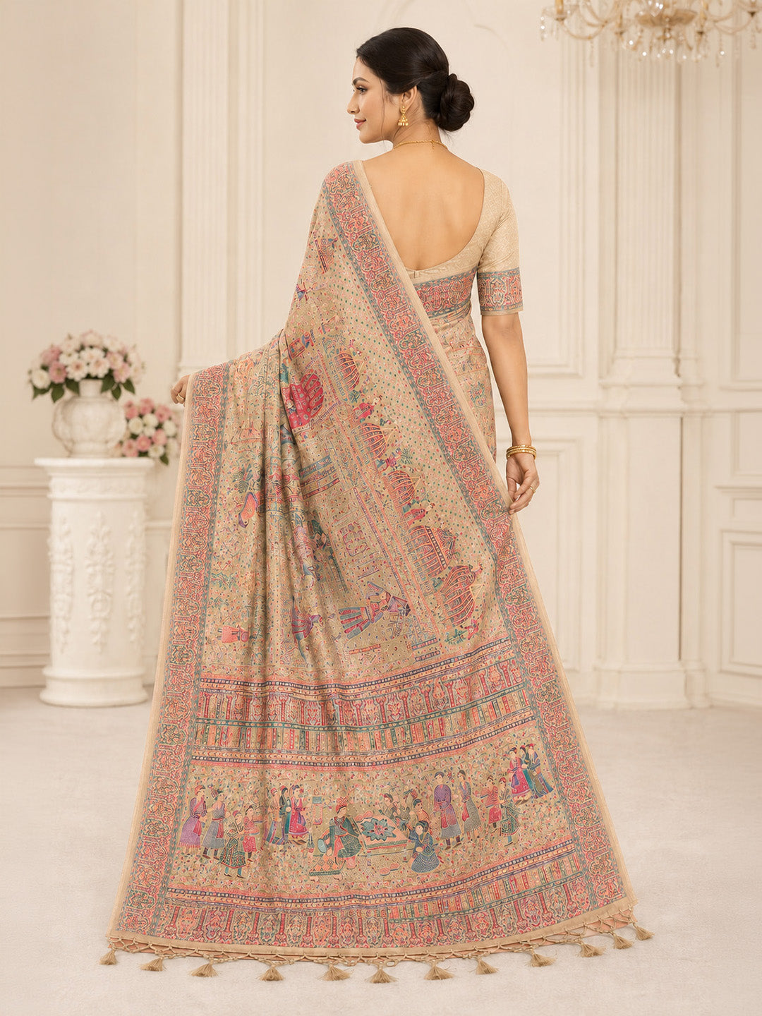 Off White Printed Art Silk Saree