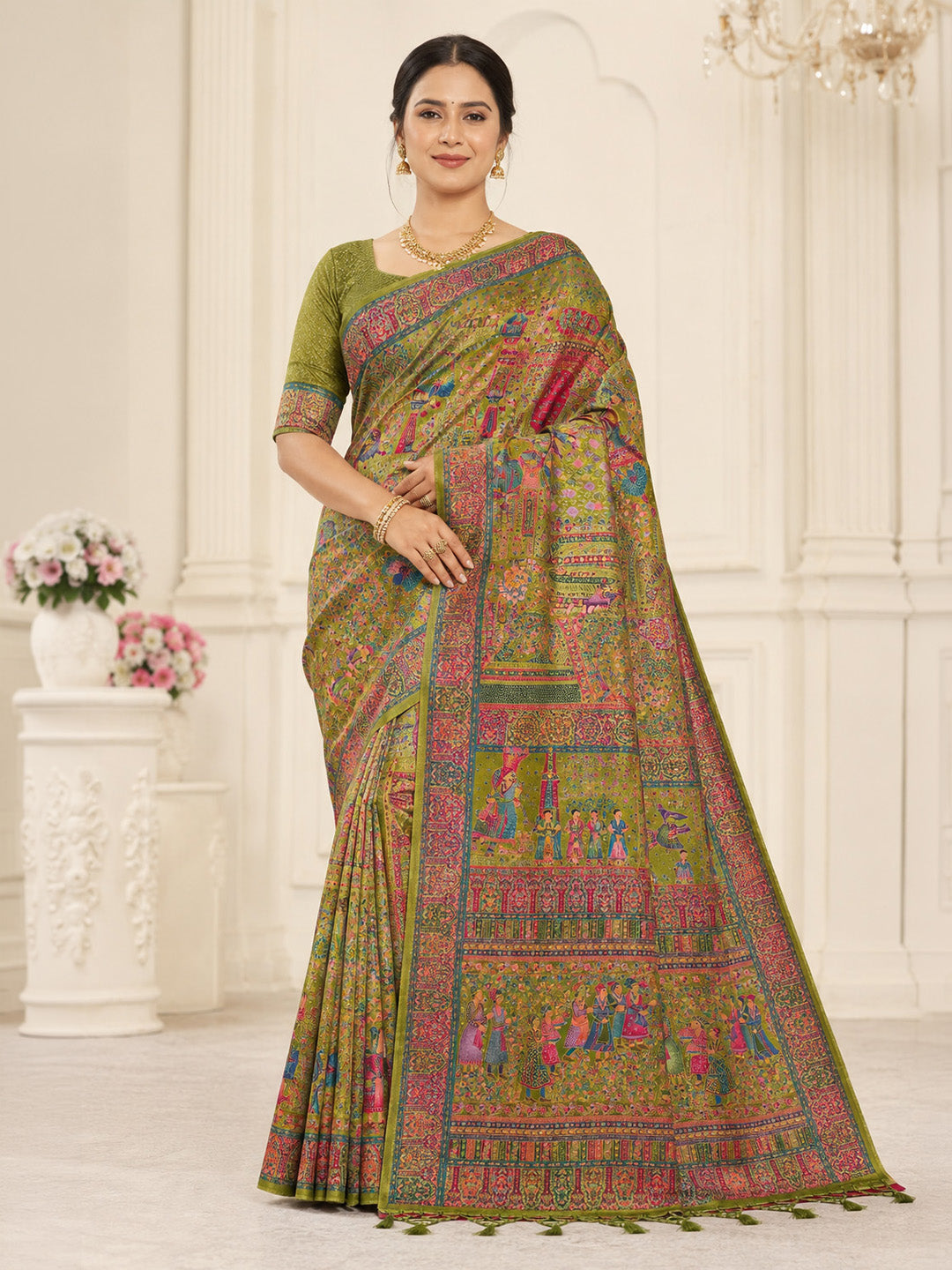 Olive Green Printed Art Silk Saree