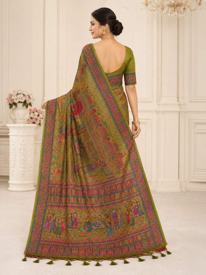 Olive Green Printed Art Silk Saree