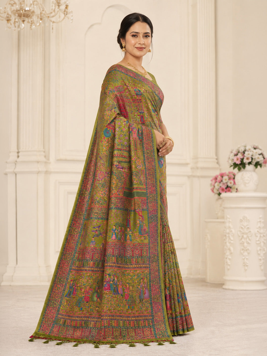Olive Green Printed Art Silk Saree