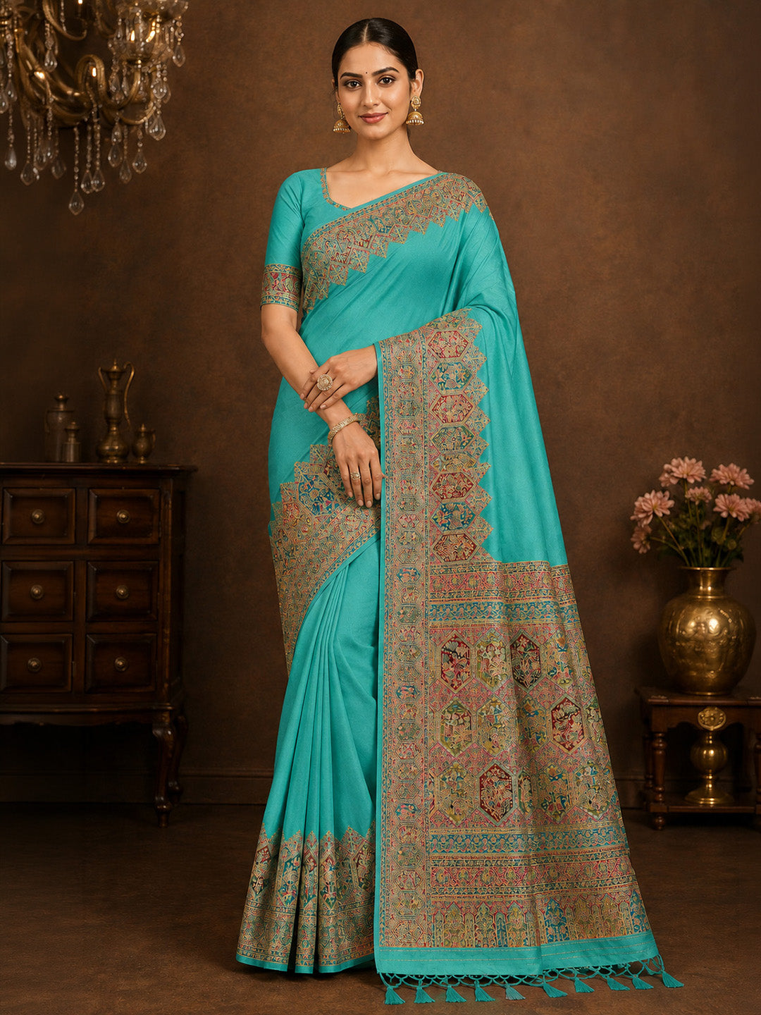 Blue Printed Art Silk Saree