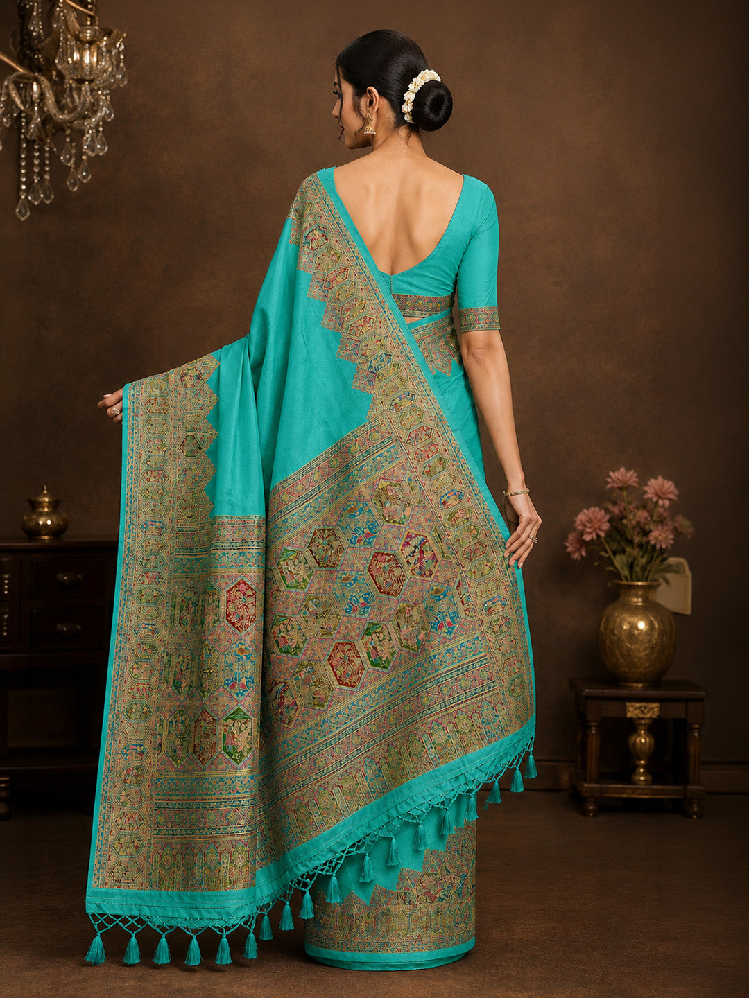 Blue Printed Art Silk Saree