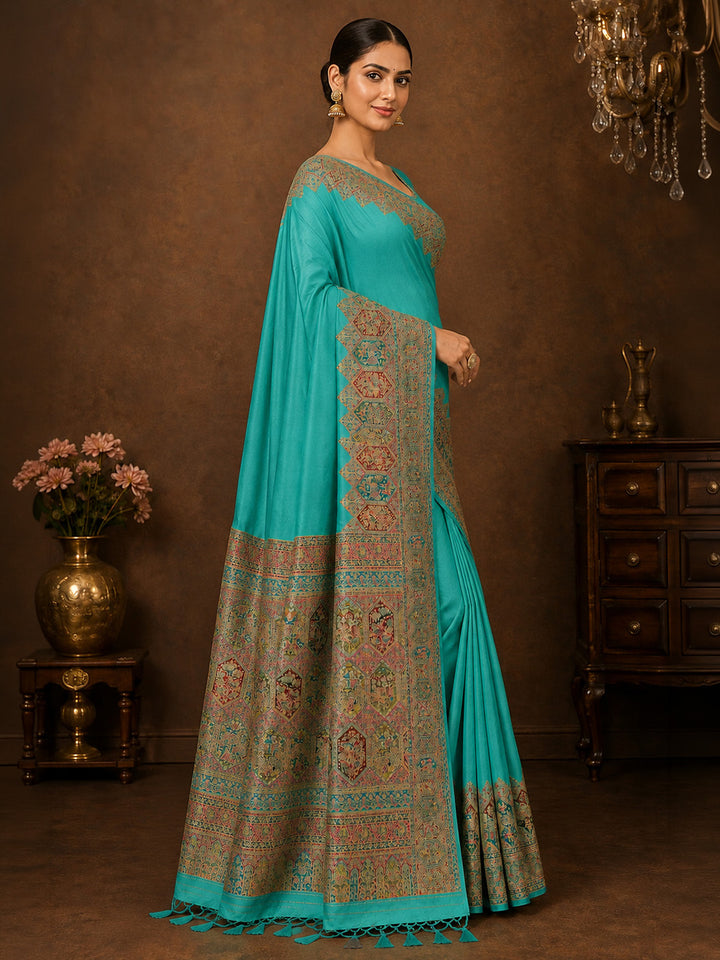 Blue Printed Art Silk Saree