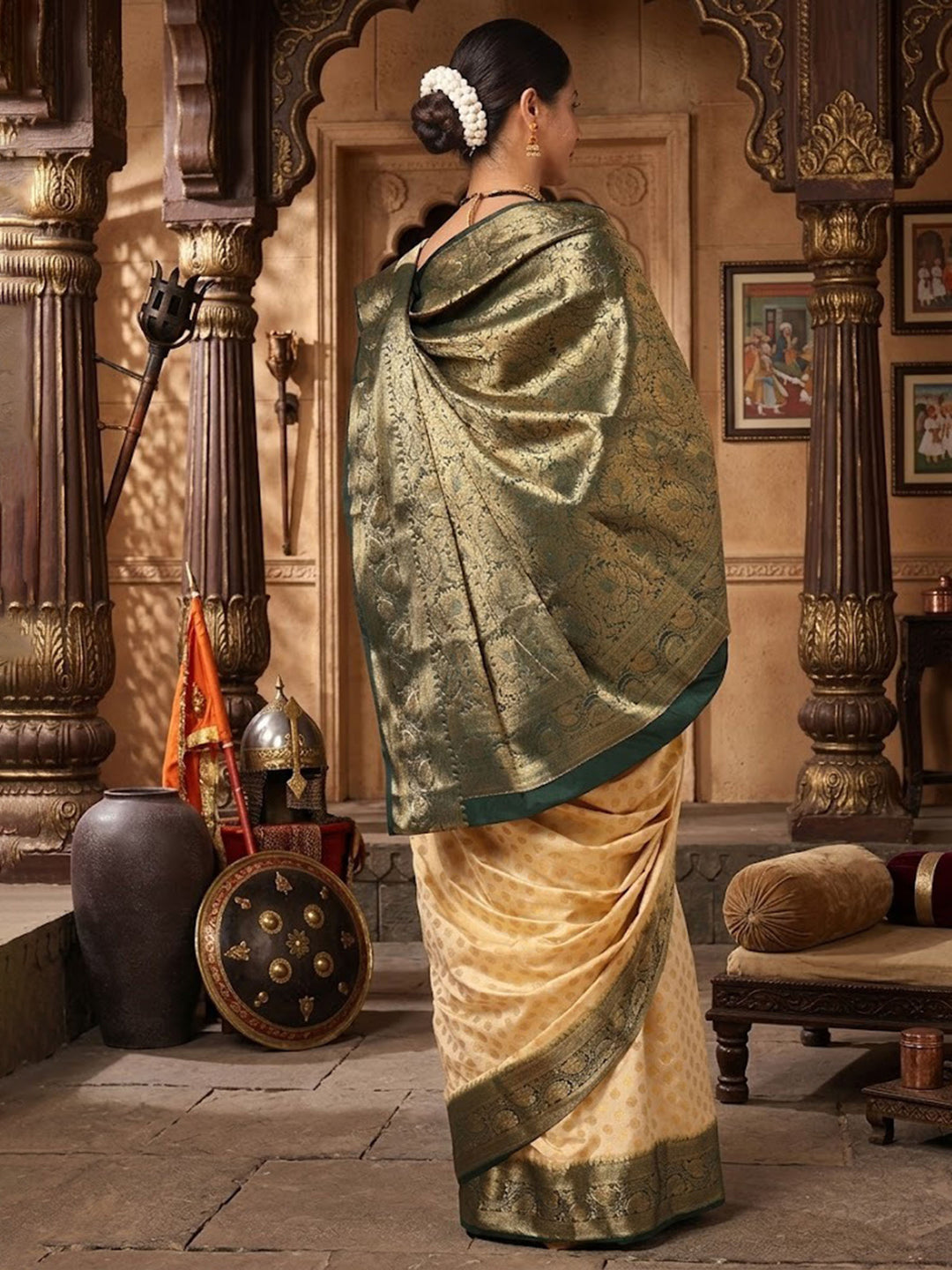 Off White Bottle Green Woven Design Balaton Saree