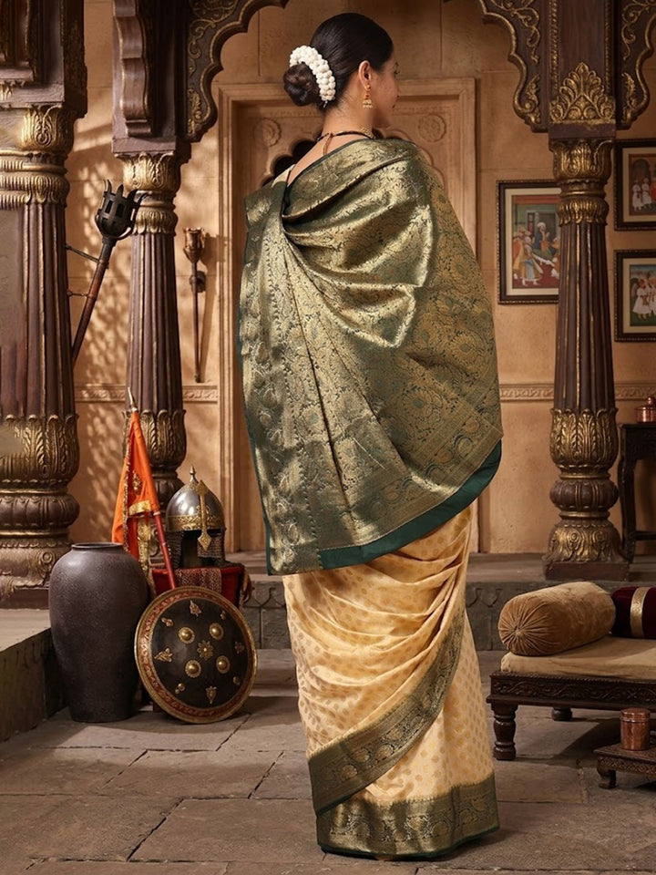 Off White Bottle Green Woven Design Balaton Saree