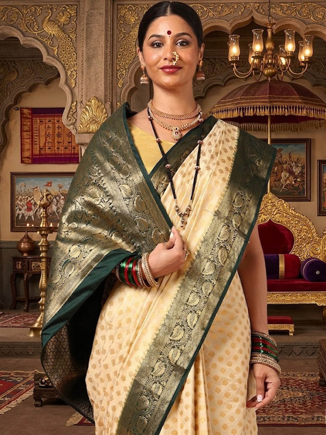 Off White Bottle Green Woven Design Balaton Saree