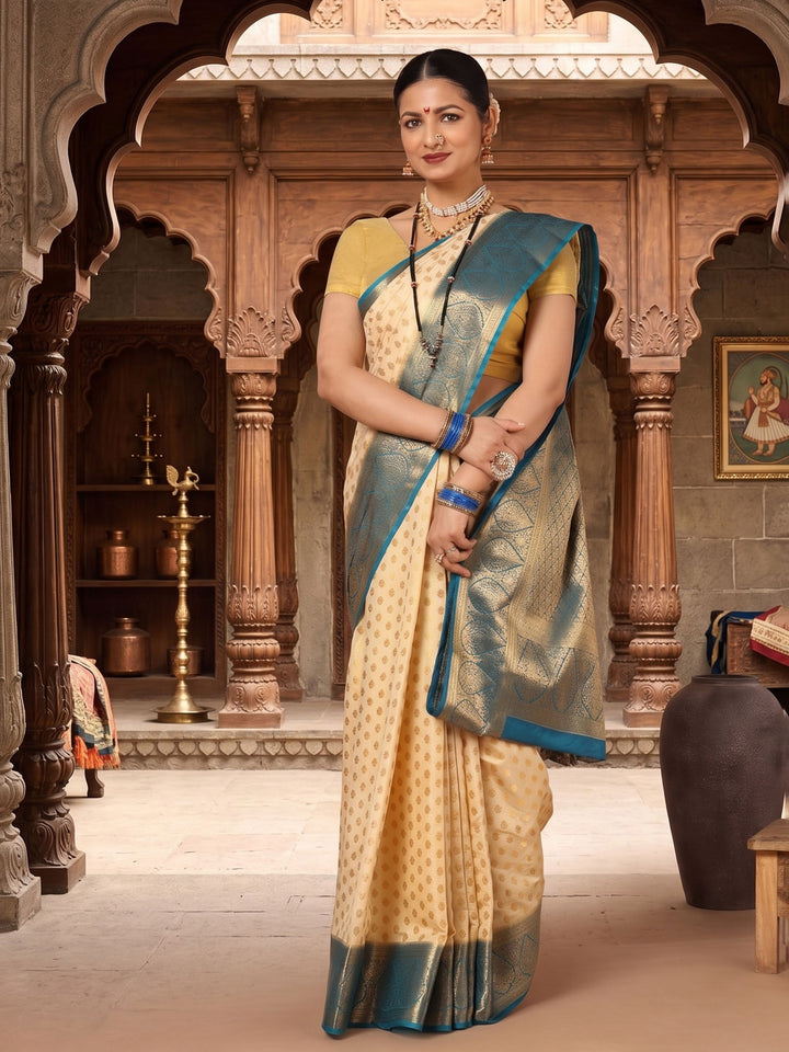 Off White Dark Blue Woven Design Balaton Saree