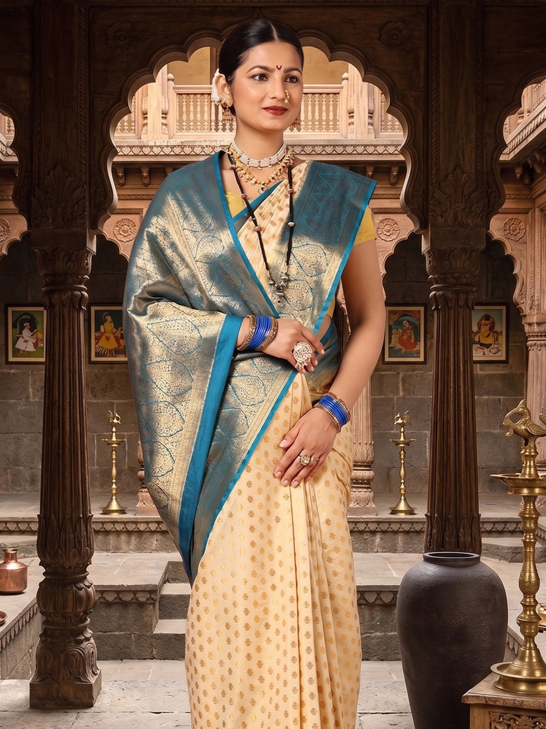 Off White Dark Blue Woven Design Balaton Saree