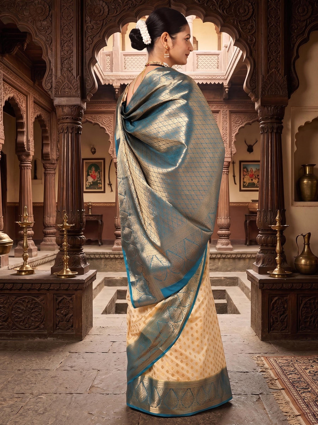 Off White Dark Blue Woven Design Balaton Saree