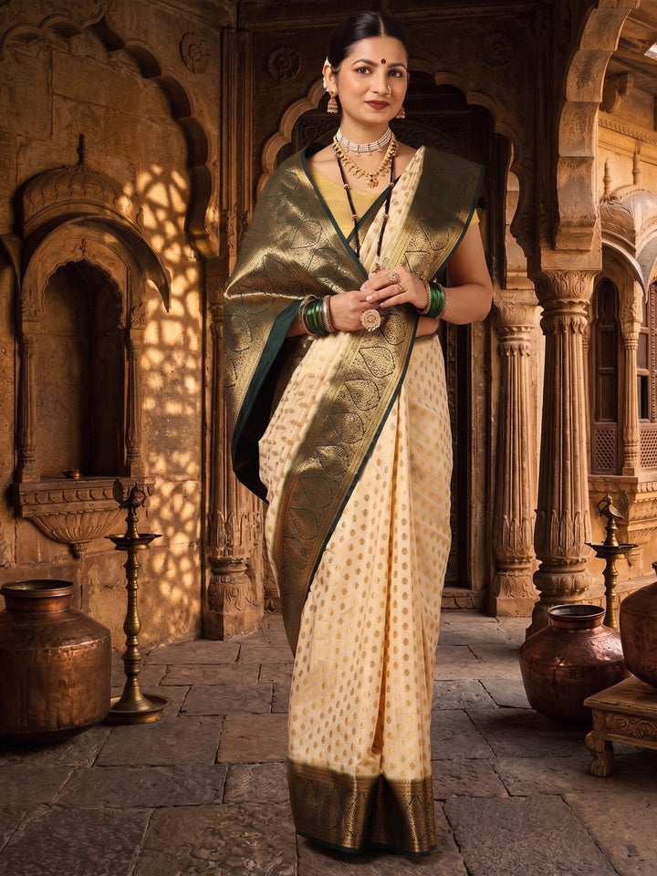 Off White Green Woven Design Balaton Saree