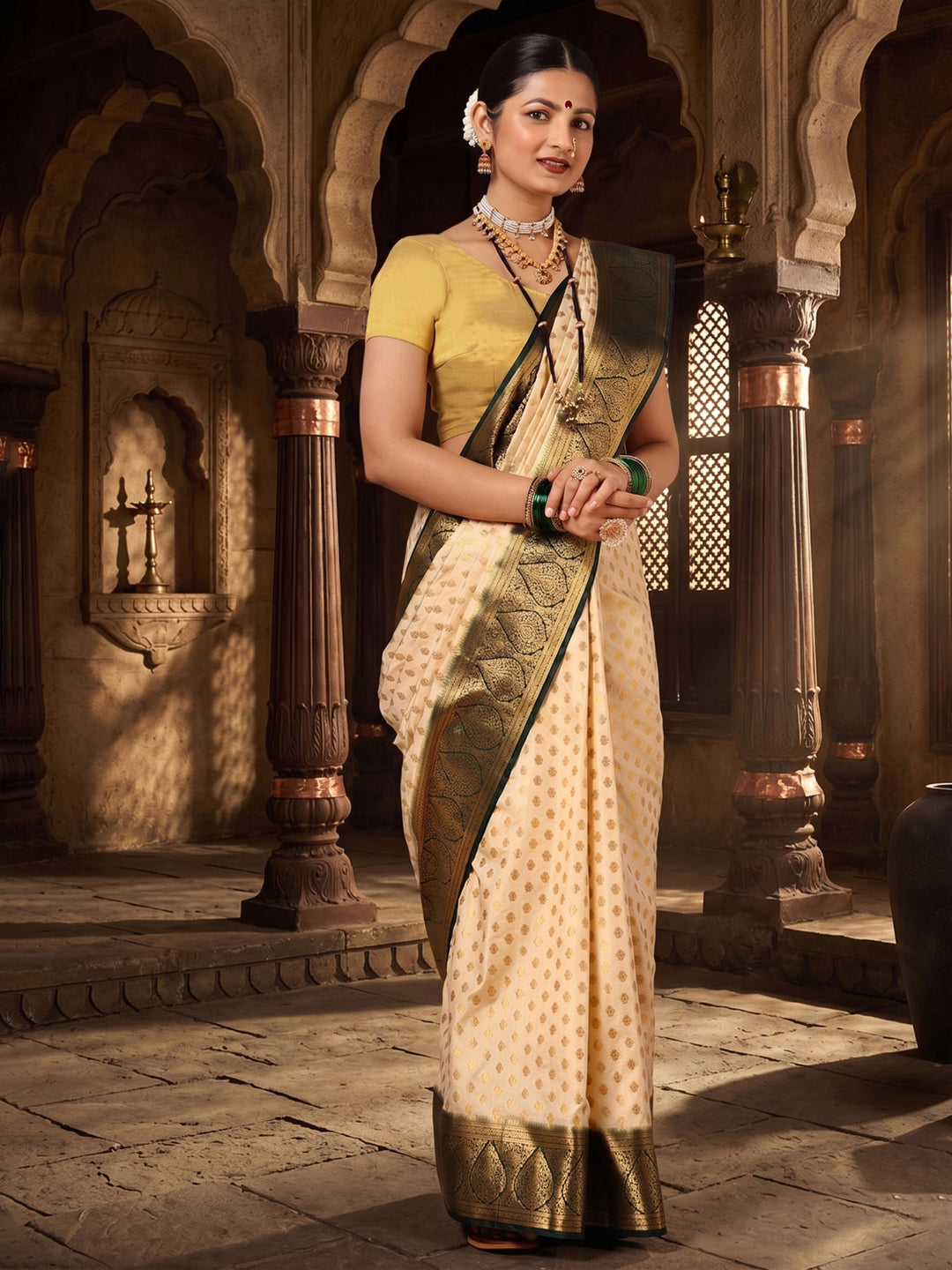 Off White Green Woven Design Balaton Saree