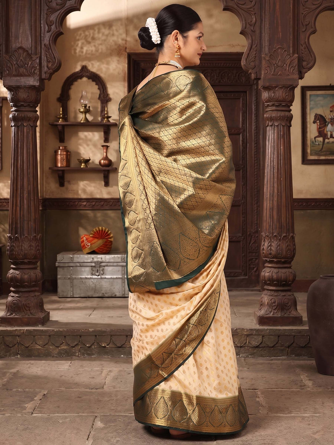 Off White Green Woven Design Balaton Saree