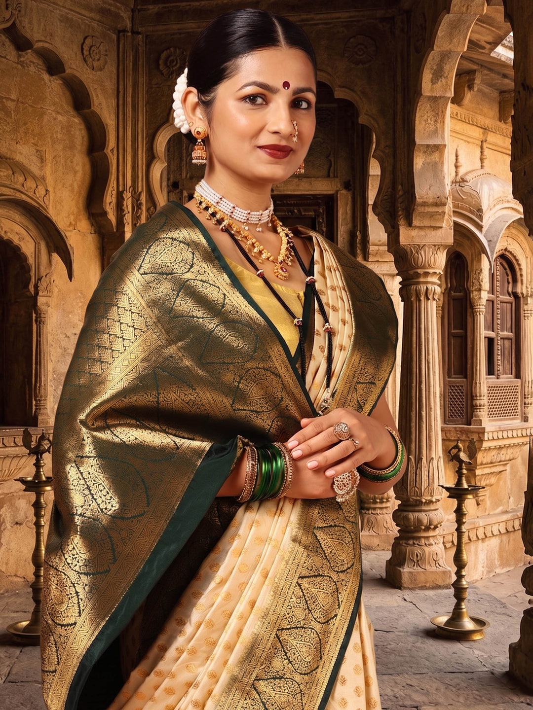 Off White Green Woven Design Balaton Saree