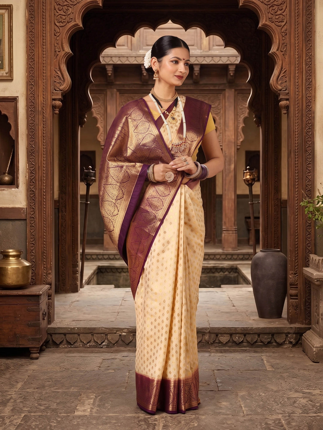 Off White Maroon Woven Design Balaton Saree
