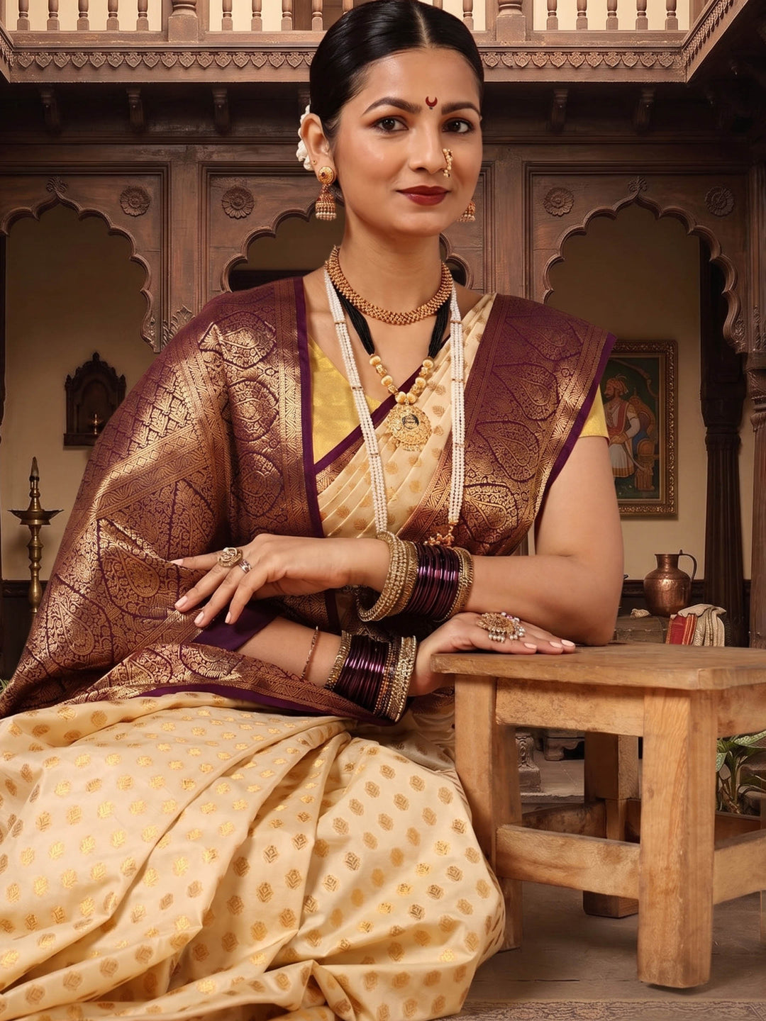 Off White Maroon Woven Design Balaton Saree