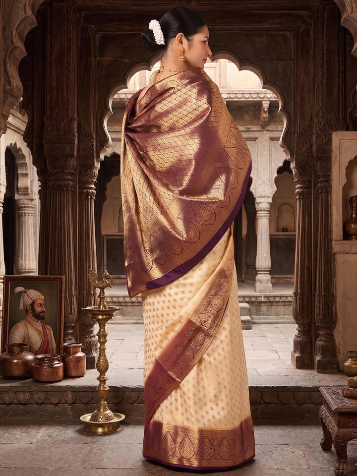 Off White Maroon Woven Design Balaton Saree