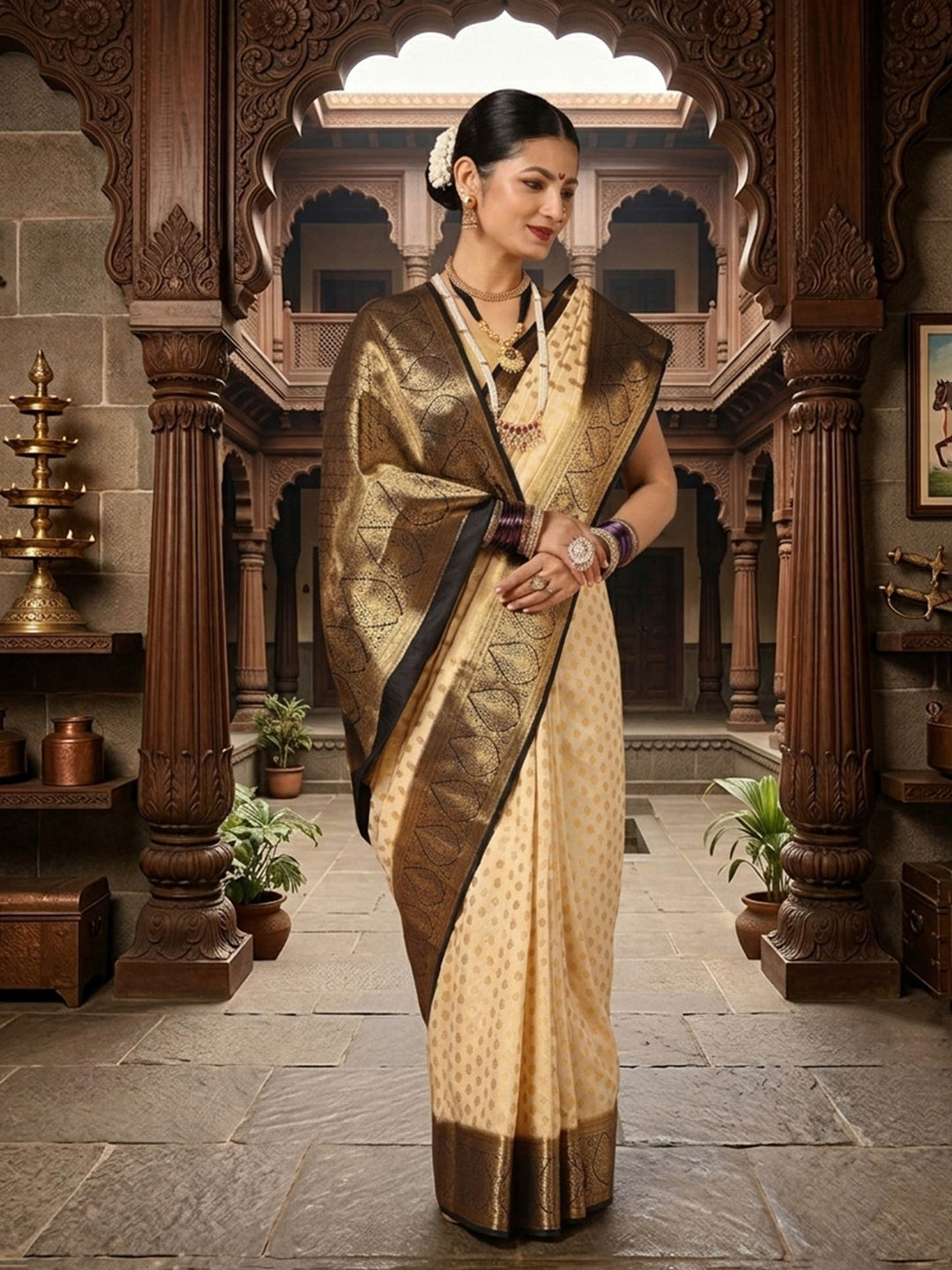 Off White Navy Woven Design Balaton Saree