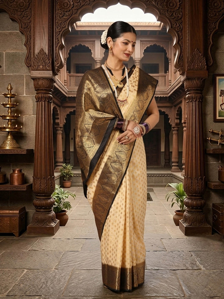 Off White Navy Woven Design Balaton Saree