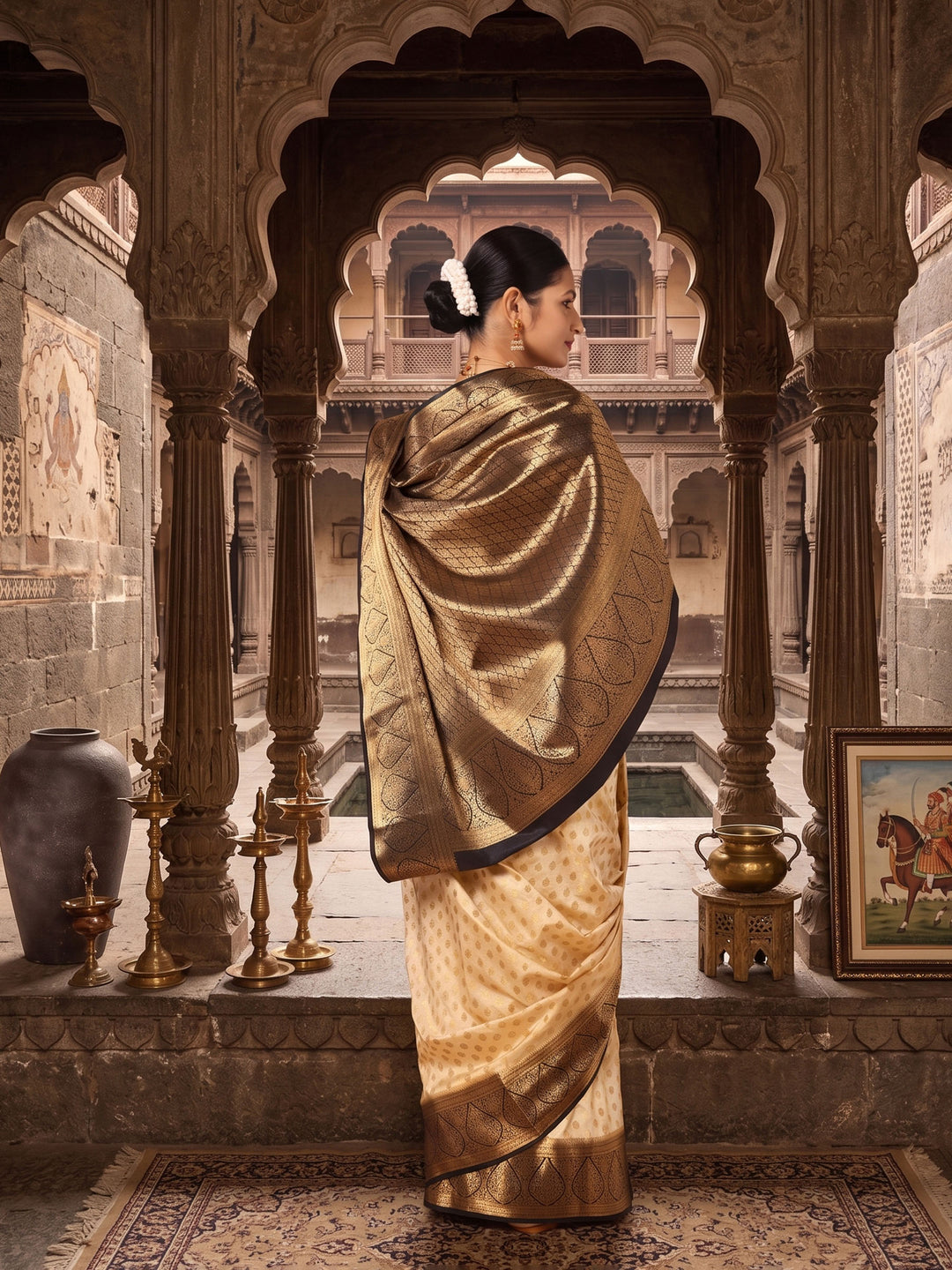 Off White Navy Woven Design Balaton Saree