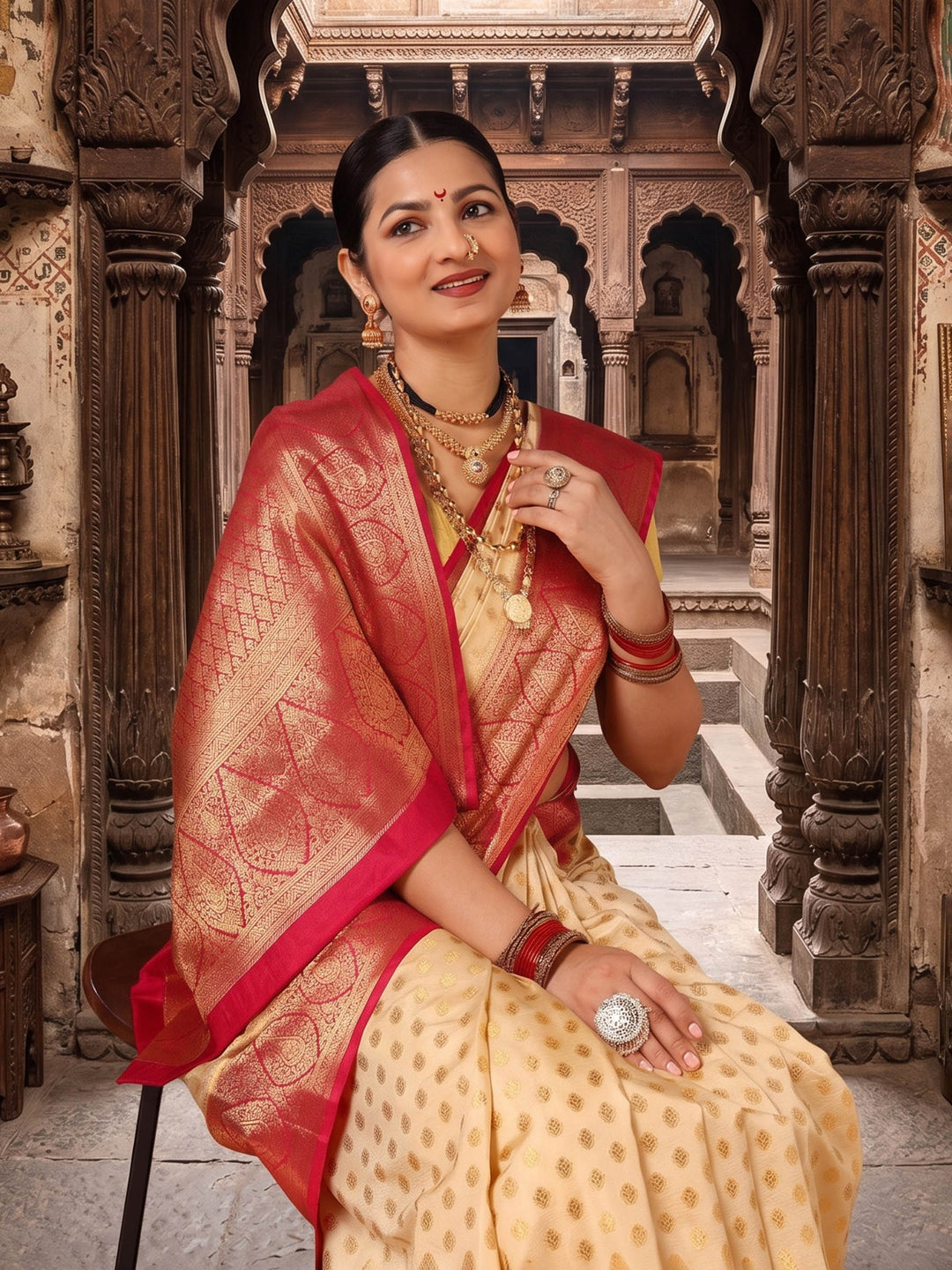 Off White Rani Woven Design Balaton Saree