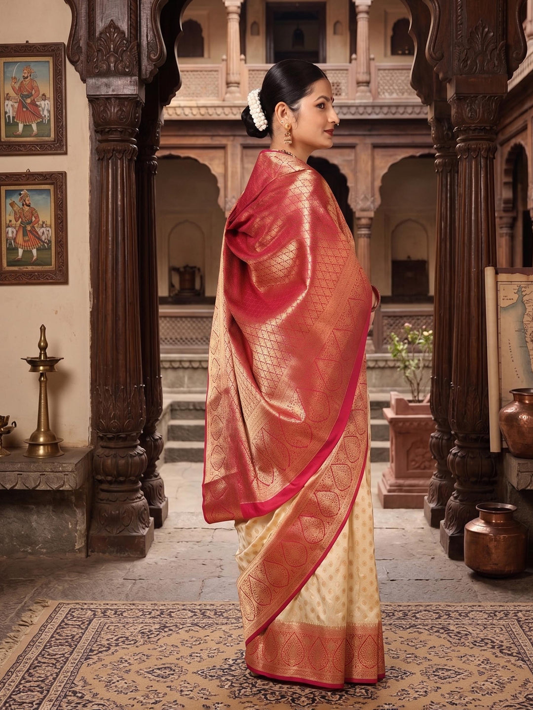 Off White Rani Woven Design Balaton Saree