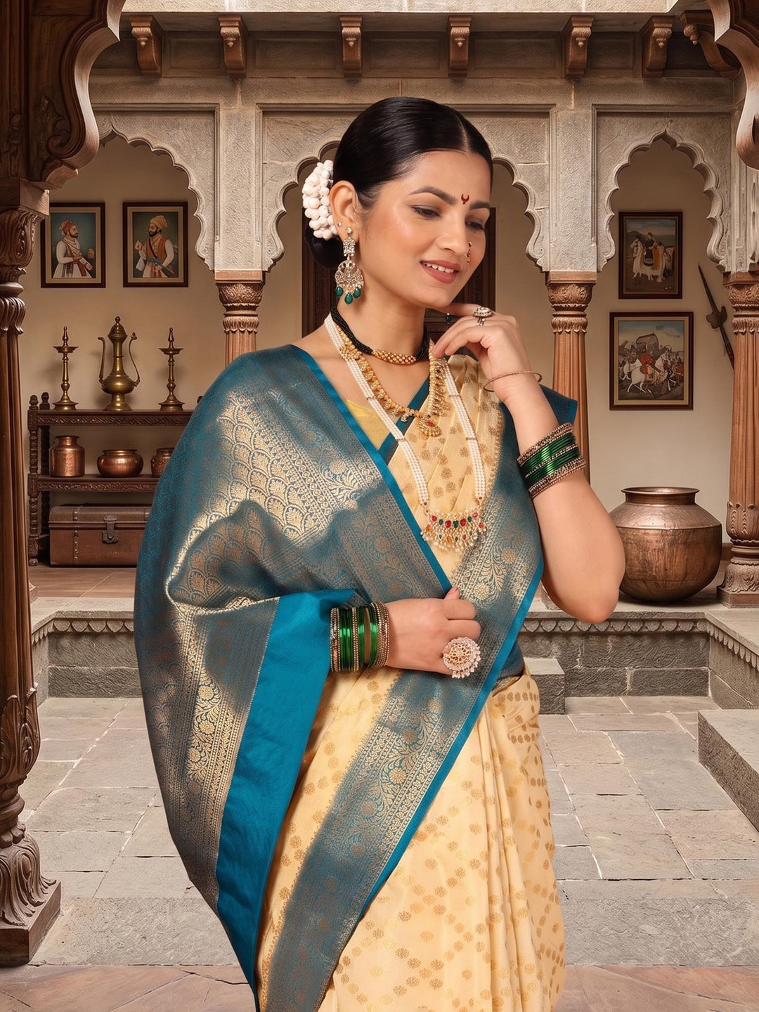 Off White Blue Woven Design Balaton Saree