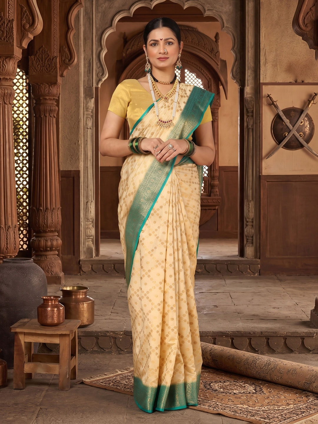 Off White Dark Blue Woven Design Balaton Saree