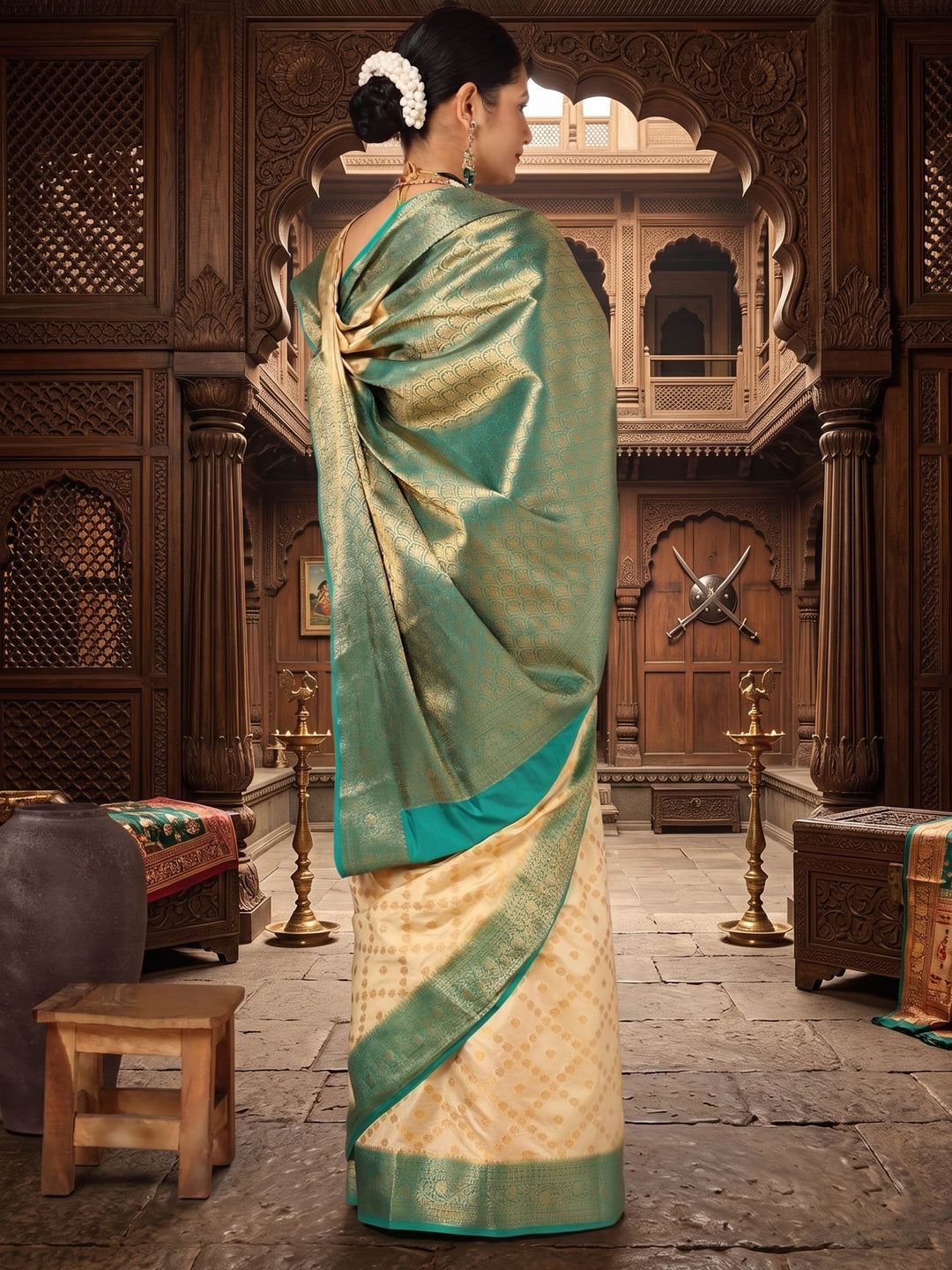 Off White Dark Blue Woven Design Balaton Saree