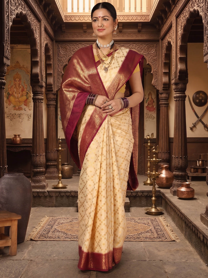Off White Maroon Woven Design Balaton Saree