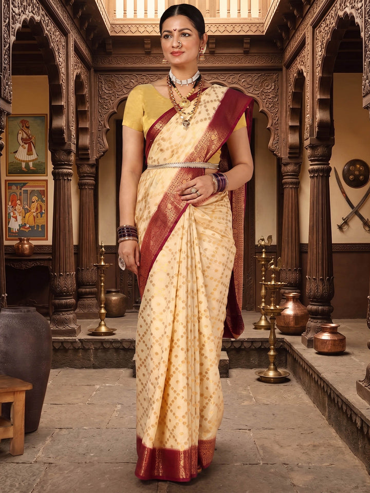 Off White Maroon Woven Design Balaton Saree