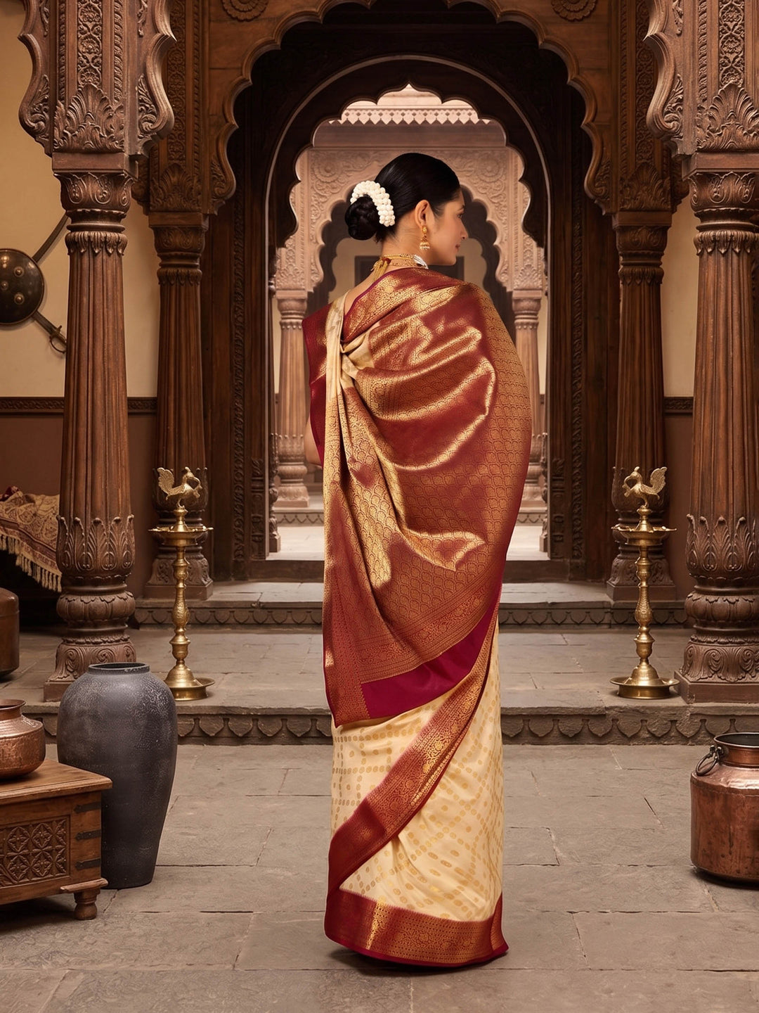 Off White Maroon Woven Design Balaton Saree