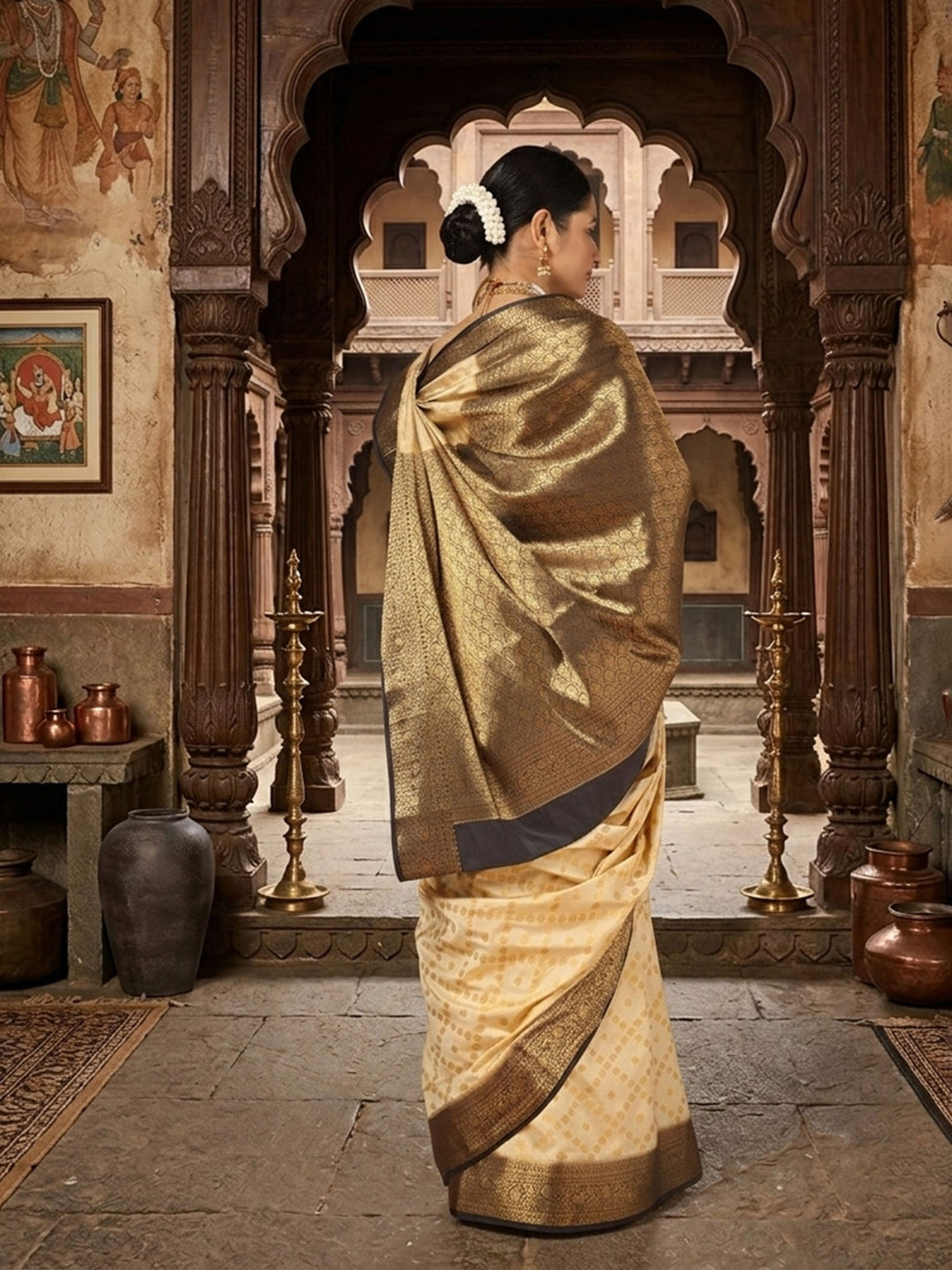Off White Navy Woven Design Balaton Saree